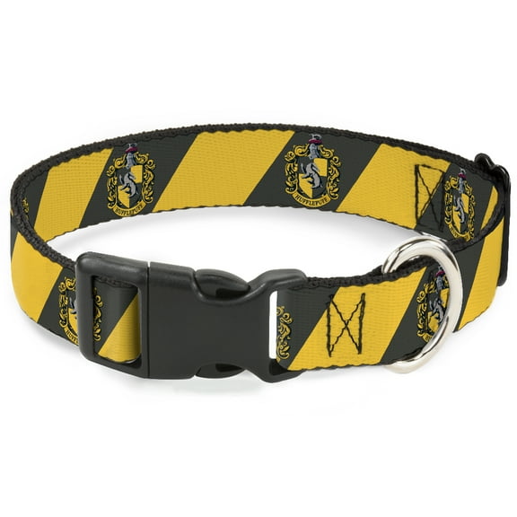 The Wizarding World of Harry Potter Pet Collar, Dog Collar Plastic Buckle, Hufflepuff Crest Diagonal Stripe Charcoal Gray Yellow, 7 to 8.5 Inches 0.5 Inch Wide