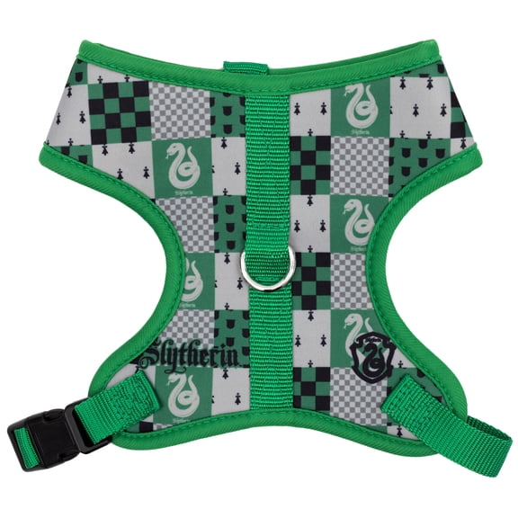 The Wizarding World of Harry Potter Pet Harness, Dog Collar Plastic Buckle, Harry Potter Slytherin Checker Green Gray, Fits dog with 11" neck size and 14-17" chest girth.