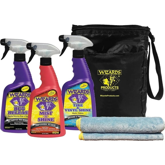 Wizards Products 5-Piece Car Detailing Kit Tire Shine, Car Detailer Spray & Microfiber Cloth