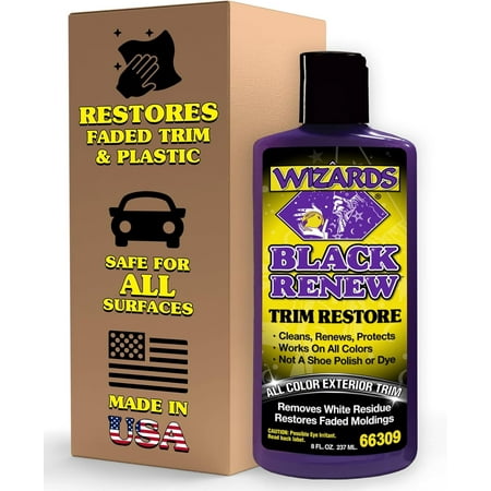 Wizards Black Renew Trim Restorer – Restores & Protects Plastic, Rubber & Vinyl Car Trim with UV Shield – Interior & Exterior Faded Trim Repair Cream – 8 fl oz