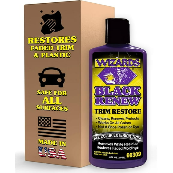 Wizards Black Renew Trim Restorer – Restores & Protects Plastic, Rubber & Vinyl Car Trim with UV Shield – Interior & Exterior Faded Trim Repair Cream – 8 fl oz