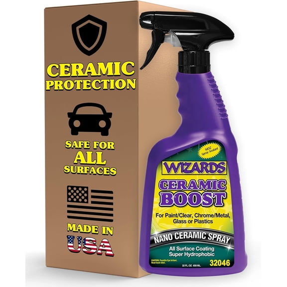 "Wizards Ceramic Boost Spray SiO2-Based Ceramic Coating for Cars Super-Hydrophobic Shine & Paint Protection Easy-to-Apply Ceramic Detailer for All Surfaces 22 Oz Car Detailing Spray "