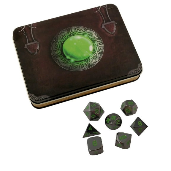 Wizards Grimoire with Black Dragon | Shiny Black Nickel with Green Numbering Metal Dice -
