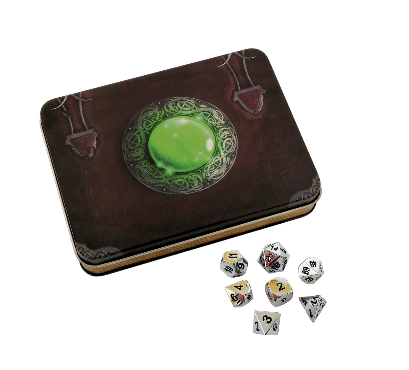 Wizards Grimoire with Shiny Chrome / Silver Color with Black Numbering Metal Dice Set -
