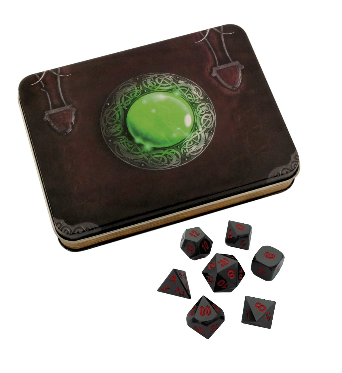 Wizards Grimoire with Smoke and Fire | Shiny Black Nickel with Red Numbers Metal Dice -