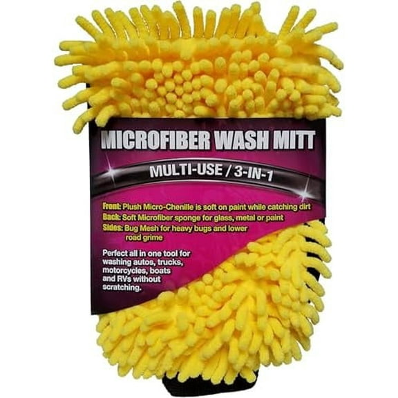 Wizards Microfiber Chenille Car Wash Mitt – Ultra-Absorbent 3-in-1 Cleaning Glove for Cars, Trucks & Motorcycles – Lint-Free, Scratch-Free, Reusable – Premium Auto Detailing Mitt, 11x7x1 Inches