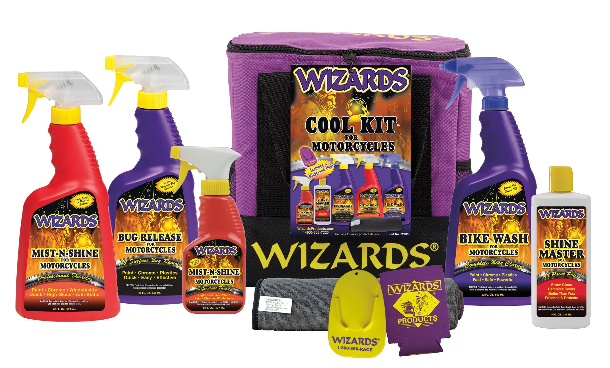 Wizards Motorcycle Cleaner Kits - 8 Piece Motorcycle Cool Kit - Saddlebag  Sized Nylon Bag with Mist and Shine, Bug Release, Bike Wash, Shine Master