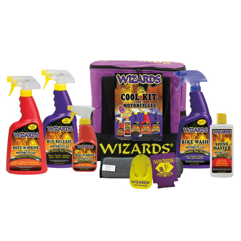 Wizards Motorcycle Cleaner Kits - 8 Piece Motorcycle Cool Kit - Saddlebag  Sized Nylon Bag with Mist and Shine, Bug Release, Bike Wash, Shine Master,  and Microfiber Cloth - 11 x 7 x 10.5 Inches 