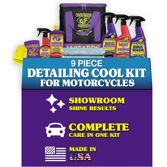 Wizards Motorcycle Cleaner Kits - 8 Piece Motorcycle Cool Kit - Saddlebag Sized Nylon Bag with Mist and Shine, Bug Release, Bike Wash, Shine Master, and Microfiber Cloth - 11 x 7 x 10.5 Inches