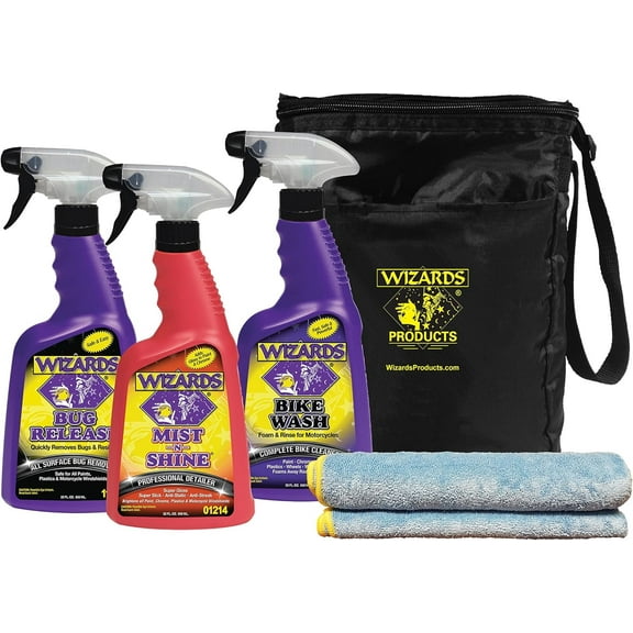 Wizards 5-Piece Motorcycle Cleaning & Detailing Kit  Bug Remover, Quick Detailer, Tire Shine, Microfiber Cloth & Storage Bag