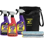 Wizards Products 5-Piece Motorcycle Cleaning Kit, Cleaner, Bug Remover, & Quick Detailer Spray with Fiber Cloth & Detailing Bag