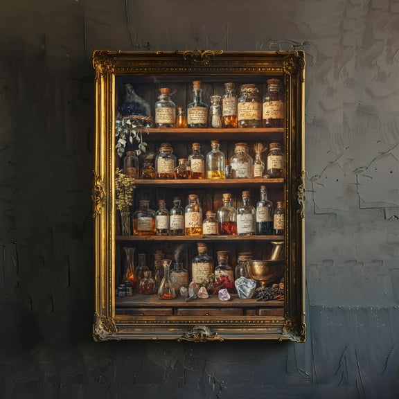 Wizards Potion Shelf Art Print Cottagecore Decor Mystical Apothecary Wall Art Vintage Nature Poster for Cozy Homes and Magical Inspired