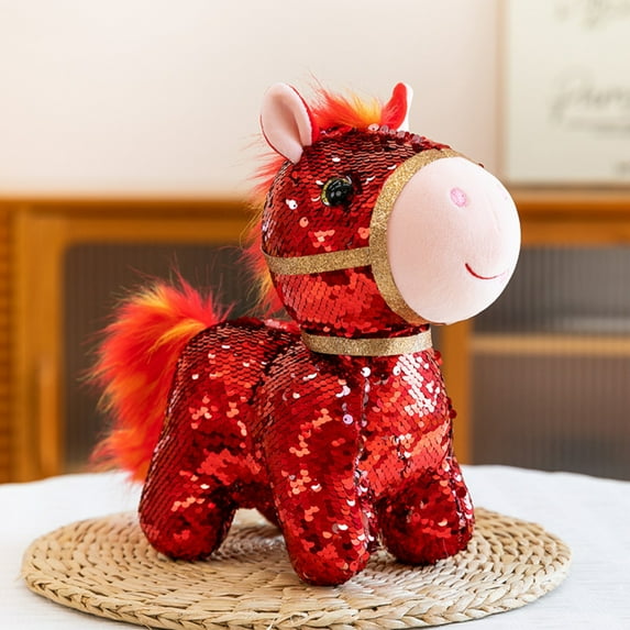 Wizlet 2026 Year of The Horse Shiny Sequins Mascot Ornament 7in, Lucky Feng Shui Pony Figurine, Bling Chinese Zodiac Horse Statues Decorations for Car, Home Décor (Red)