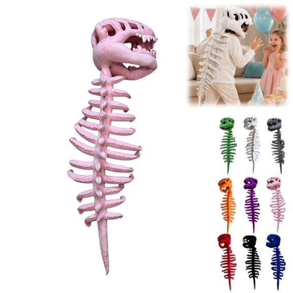 Wizlet 33.5 Inch Dinosaur Skeleton Plush Headgear, T-Rex Skull With Spine Plush Costume Hat, Funny Cosplay Head Cover, Halloween Party Dress Up Photo Prop-Pink