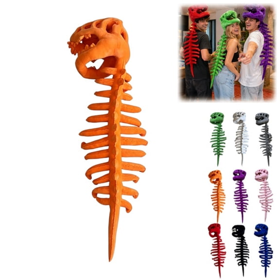 Wizlet 45 Inch Dinosaur Skeleton Plush Headgear, T-Rex Skull with Spine Plush Costume Hat, Funny Novelty Cosplay Head Cover, Halloween Party Dress Up Photo Prop-Orange
