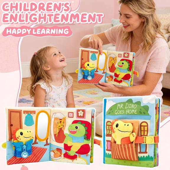 Wizlet Busy Book Montessori Toys , Sensory Toys, Dinosaur Soft Fabric Activity Book for Fine Motor Skills, Educational Learning Travel Toy (Colored)