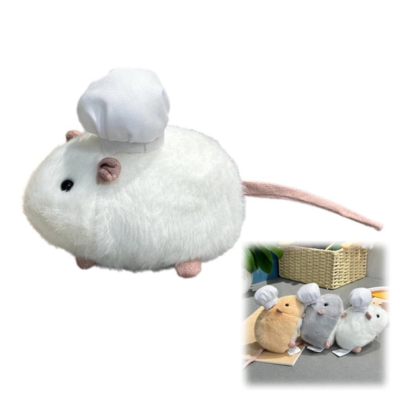 Wizlet Cute Chef Rat Plush Stuffed Toy, 4.7in Fluffy White Mouse Plush Doll with Chef Hat, Kawaii Animal Plush Gift-White