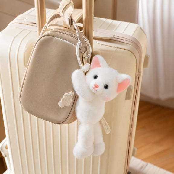 Wizlet Cute Hanging White Devon Cat Plush Pendant, MagneticAdsorbed Kitten Stuffed Charm With Pink Strap, Soft Fluffy Cat Bag Ornament, Backpack Accessory & Delicate Gift