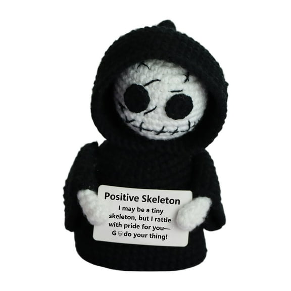 Wizlet Handmade Halloween Skeleton Crochet with Positive Message - Funny Knitted Wool Death Skull Doll for Halloween Home Office Decor