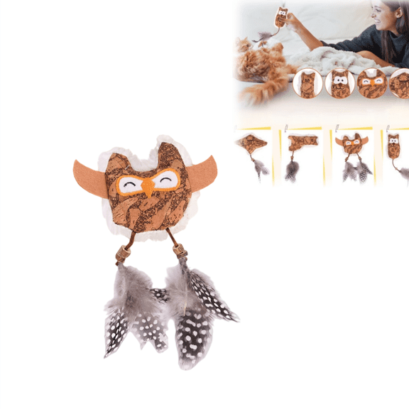 Wizlet Owl Shaped Cat Toy with Feather Tail, Interactive Catnip Filled Chew Toy for Indoor Cats Self Play and Relaxation_A