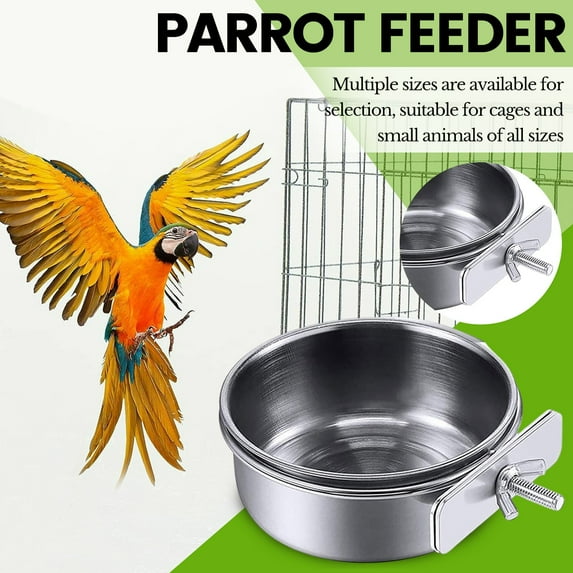 Wizlet Parrot Feeding Cups Birds Food Dish Stainless Steel Parrot Feeders Water Cage Bowls with Clamp Holder for Cockatiel (E 18*6.5cm)