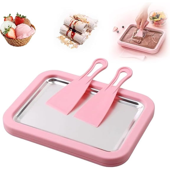 Wizlet Rolled ice Cream Maker Kit, Instant Ice Cream Maker with 2 Scrapers,DIY Homemade Frozen Dessert Tray, Suitable for Fun Dessert Activities at Home (Pink)