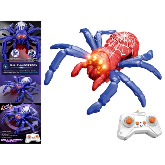 Wizlet Wall Climbing Spider RC Toy, Rechargeable Remote Control Spider Toy with LED Eyes, Dual Mode Floor & Wall Driving, Christmas Birthday Gift (Red)
