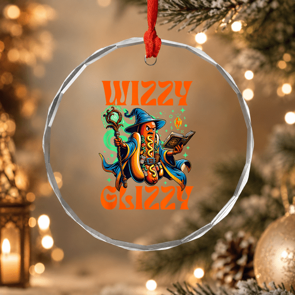 Wizzy Glizzy Witchy Wiener Hot Dog Wizard Halloween Ornament, Pet Lover Holiday Gift, Circle Glass Ornament