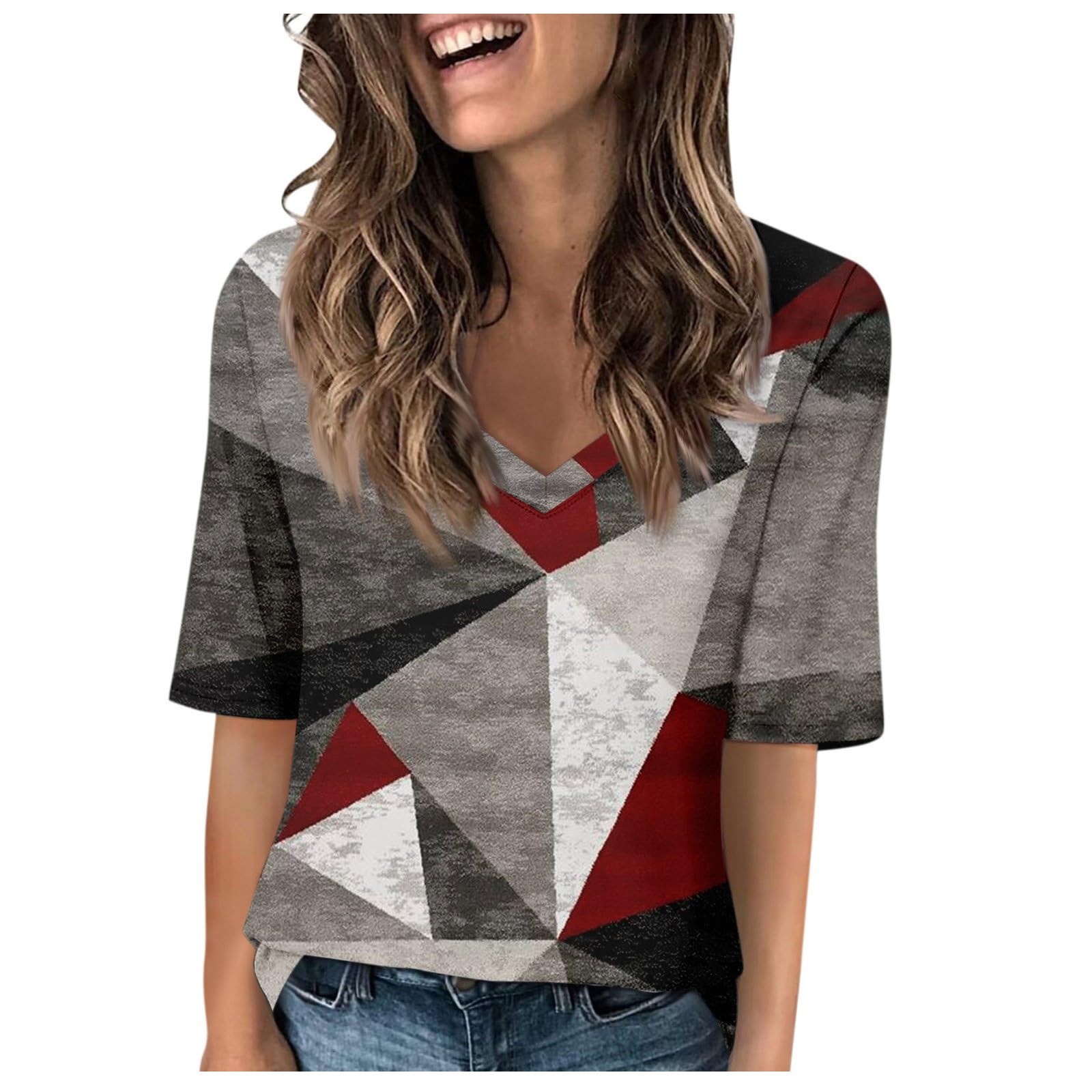 Wjtguo Womens Summer Tops Half Sleeve V Neck Shirts Casual Loose Fit