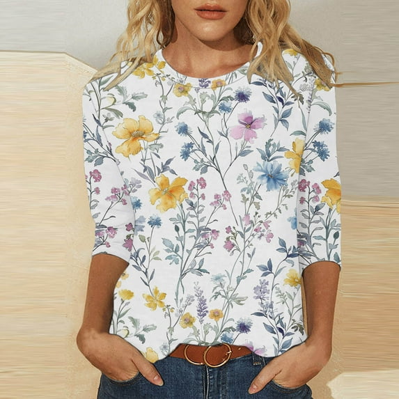 Wkishenl 3/4 Length Sleeve Women's Shirts,3/4 Length Sleeve Womens Tops Plus Size Casual Three Quarter Length Shirt Round Neck T-Shirts for Women Summer Blouses 2024 Yellow,XXL