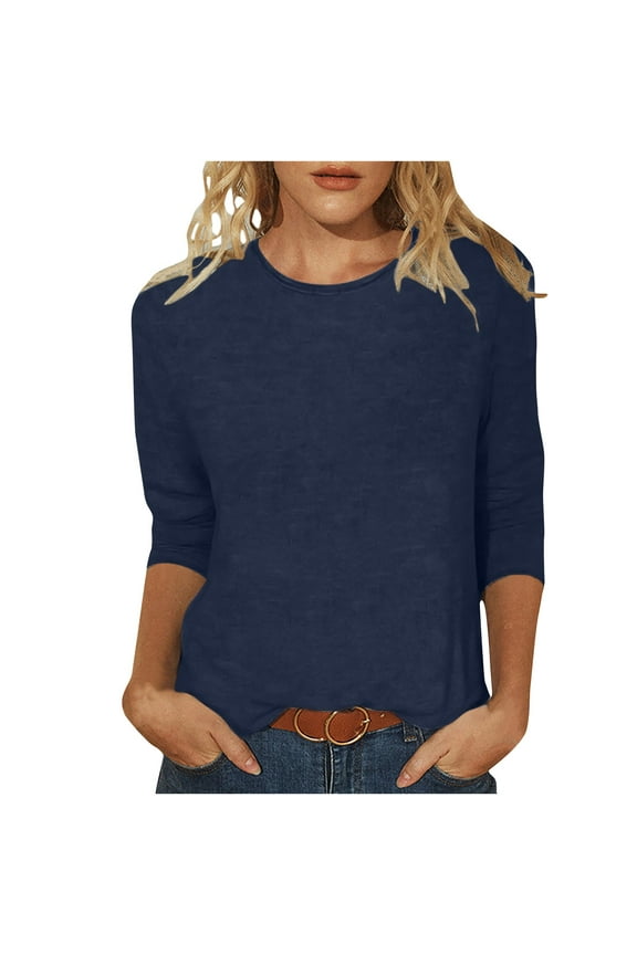 3/4 Sleeve Solid Color Tops for Women,Women's 3/4 Sleeve T Shirts Womens 3/4 Length Sleeve Tops 2024 Dressy Casual Blouses Basic Tees Going Out Tunic Navy