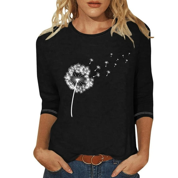 Wkishenl 3/4 Sleeves Women's Shirts and Blouses,Womens Dandelion Tops Plus Size Casual Three Quarter Length Shirt Round Neck T-Shirts for Women Summer Blouse 2024 Black,S