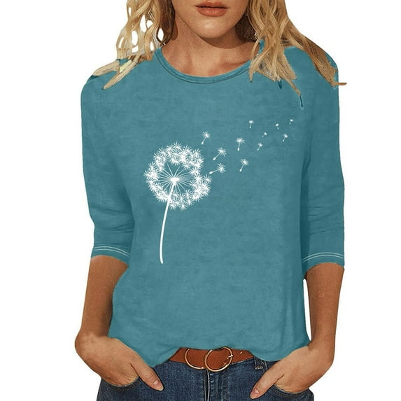 Wkishenl 3/4 Sleeves Women's Shirts and Blouses,Womens Dandelion Tops Plus Size Casual Three Quarter Length Shirt Round Neck T-Shirts for Women Summer Blouse 2024 Navy,XXL