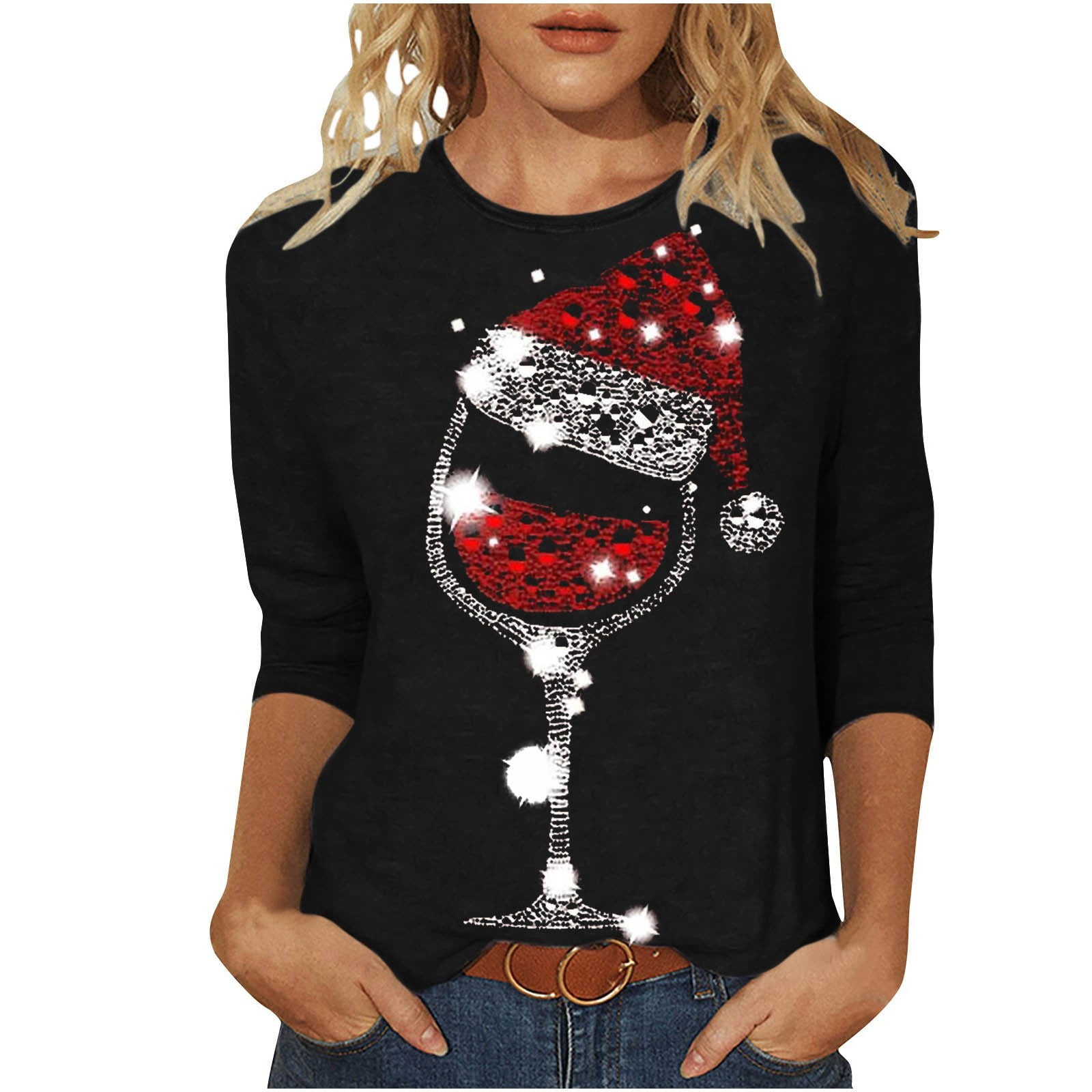 Wkishenl T Shirts for Women Christmas 3/4 Sleeve Red Wine Glasses