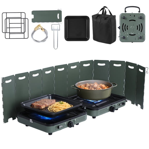 Wliqien 2 Burner Camping Stove with Windshield, 20000 BTU Propane Stove, Portable Folding Gas Stove with Frying Pan, Carrying Bag for Camping, Backyard BBQ,Tailgating