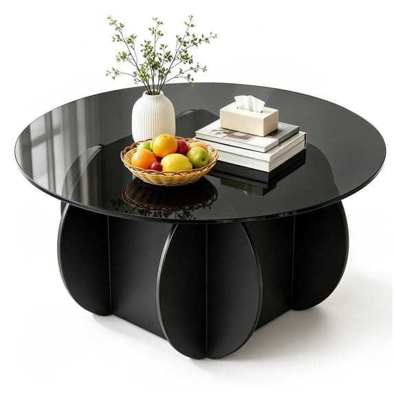 Wliqien 27.5 Inches/31.5 Inches Round Coffee Table, Tempered Glass Top Mid Century Modern Coffee Table, Center Table with Wood Base for Living Room, Office