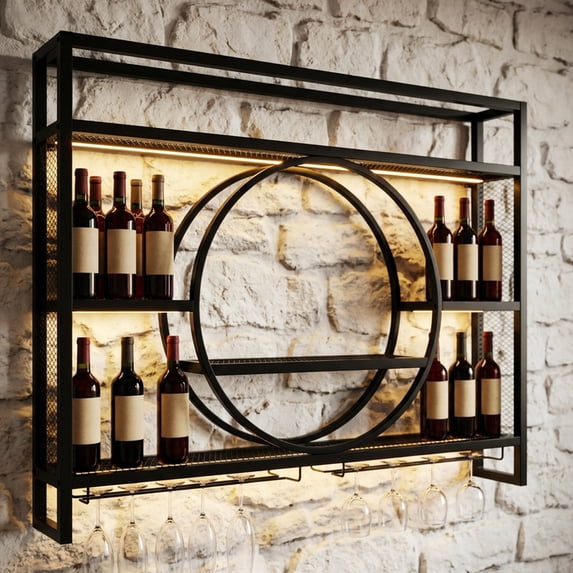 Wliqien 3-Tier Iron Wall Mounted Wine Rack with LED Light, 39-Inch Bar ...