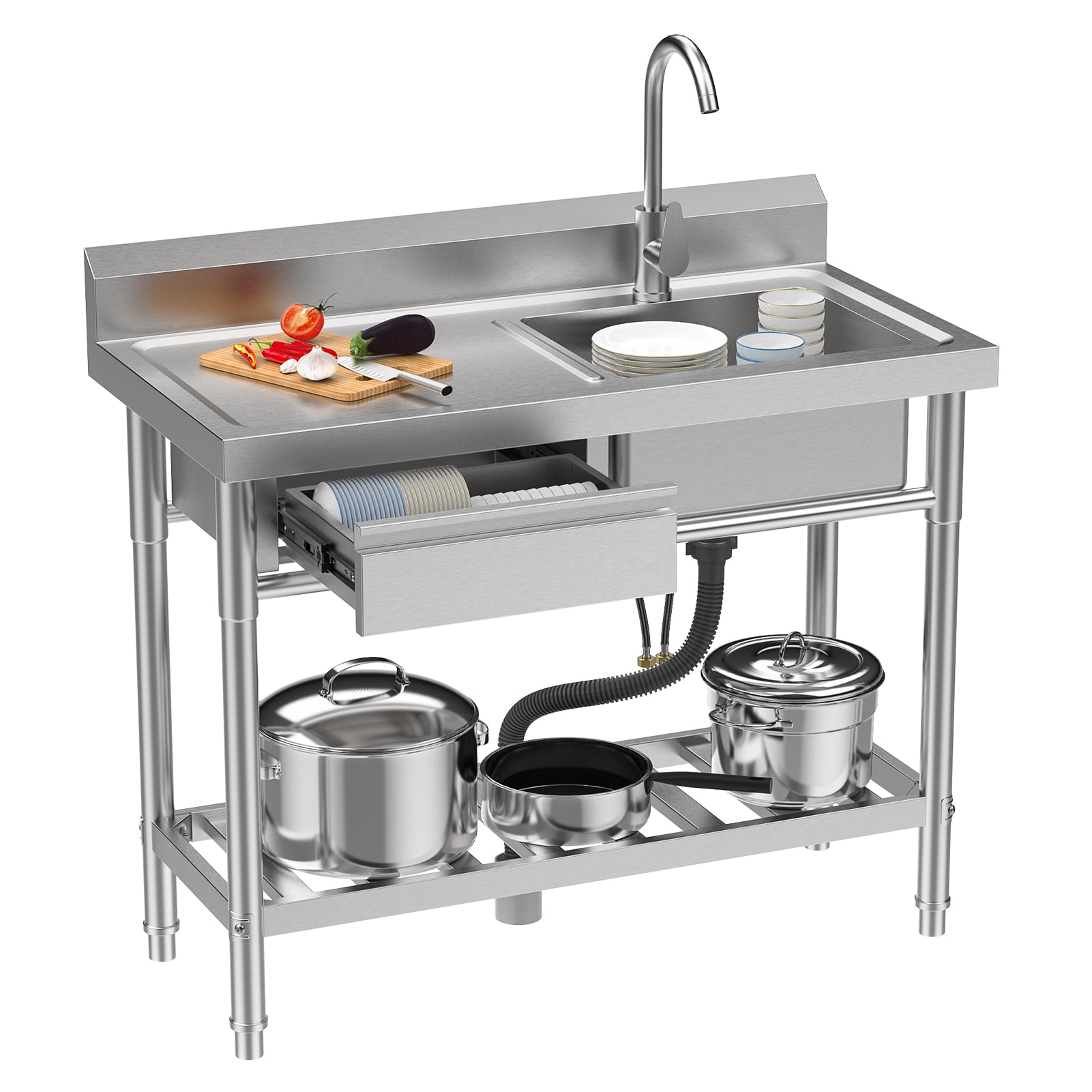 Wliqien 39-Inch Stainless Steel Sink with Drawer, Bottom Shelf, Free Standing Utility Sink with Cold Hot Water Faucet Hose, Single Bowl Sink for Indoor, Outdoor, Kitchen, Laundry Room