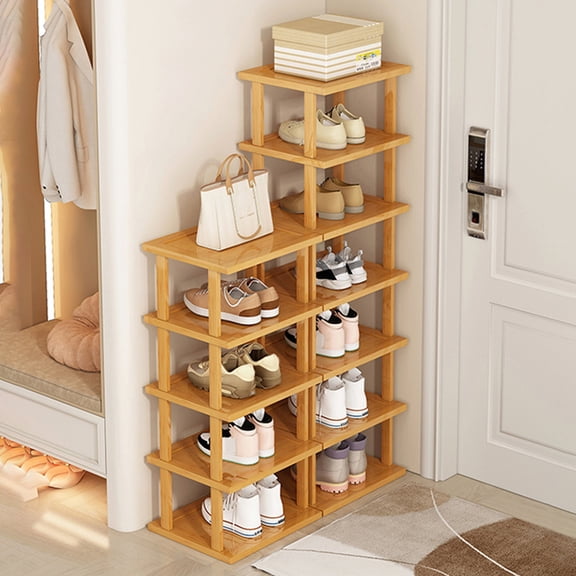 Wliqien 5/7/8 Tiers Vertical Shoe Rack, Wood Narrow Shoe Rack, Small Shoe Organizer, Space Saving Corner Shoe Shelf, Tall Shoe Tower, Free Standing Shoe Rack for Entryway, Closet, No-Tool Need