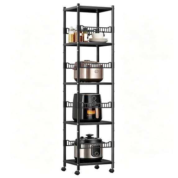 Wliqien 5-Tier Adjustable Metal Storage Shelf with Locking Wheels, 440 lbs Capacity, Heavy Duty Steel with Triangle Support, Easy Assembly Pantry Rack for Kitchen Pantry Garage