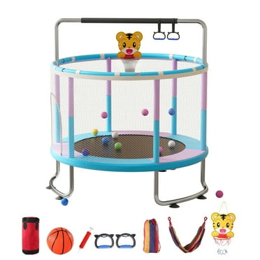 Wliqien 5FT Kids Trampoline, Adjustable Baby Toddler Trampoline with Basketball Hoop, Swing, Sandbag, Ocean Balls, 440lbs Indoor Outdoor Toddler Trampoline with Enclosure Net