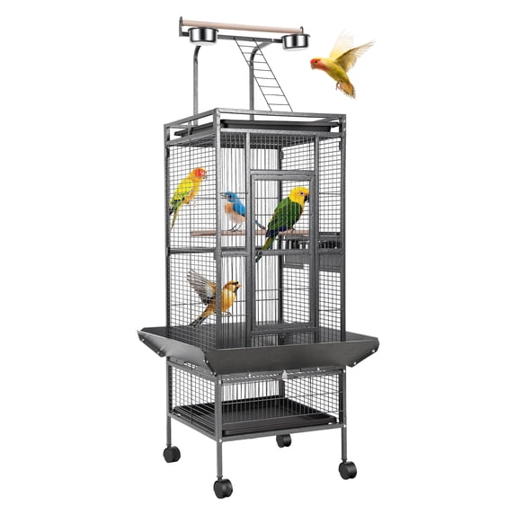 Wliqien 61" Extra Large Bird Cage, Corner Wide Parrot Cage, Large Wrought Iron Rolling Bird Cage with 360 Degree Wheels for African Grey Parrots, Macaw Rooftop Play & Lock Protection