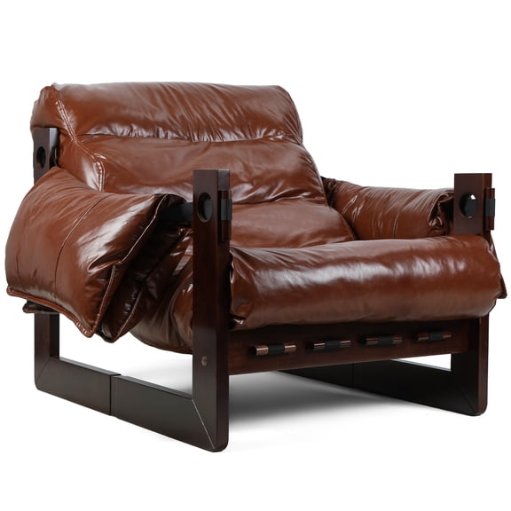 Wliqien Faux Leather Accent Armchair, Mid-Century Modern Accent Chair, Thickened Cushion Single Sofa Chair, Lounge Chair for Bedroom Living Room, Brown