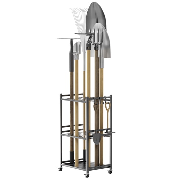 Wliqien Garden Tool Organizer, 35-Slot Steel Rolling Rack with Wheels, Adjustable Feet Yard Tool Rack for Shovels, Rakes, Brooms and Cleaning Equipment, Efficient Tool Organization System