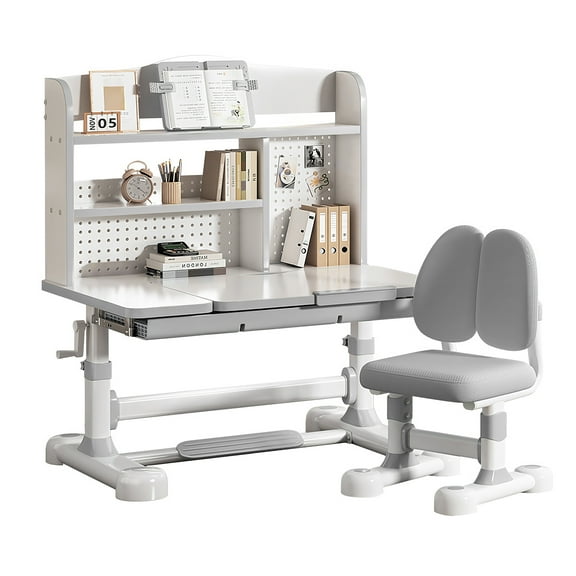 Wliqien Study Desk And Chair Set for Kids, Height Adjustable Ergonomic Learning Table with Tiltable Desktop, Large Storage Drawer, Bookshelf, Hand-Cranked Lift, Sturdy Student Workstation