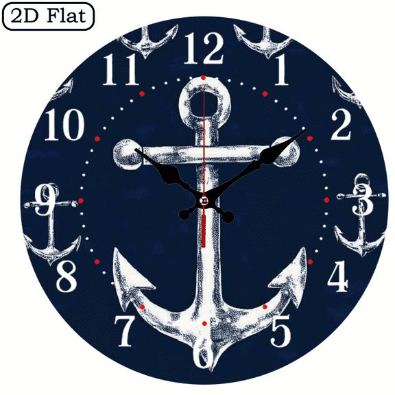 Wllo0ord 10 inch Round Wooden Wall Clock for Home Decor, anchor nautical Dark Blue Print, Silent Mechanical Movement Wall Decor for Linving Room - Perfect for Living Room, Dorm, Bedroom, Kitchen.