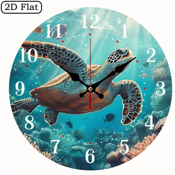 Wllo0ord 10 inch Round Wooden Wall Clock for Home Decor, sea Turtle, corals Print, Battery Operated (AA Not Included) Silent Mechanical Movement - Perfect for Living Room, Dorm, Bedroom, Kitchen