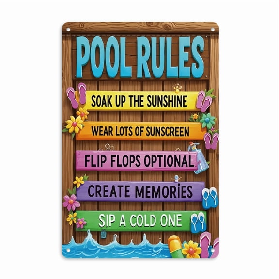 Wllo0ord 1pc Pool Rules Metal Sign - Vibrant Summer-Themed Wall Art with Flip-Flops, Flowers, Drink Bottles & Blue Waves - Durable Tinplate Decor for Pool Areas, Garden, Bar, or Home - Easy to Hang