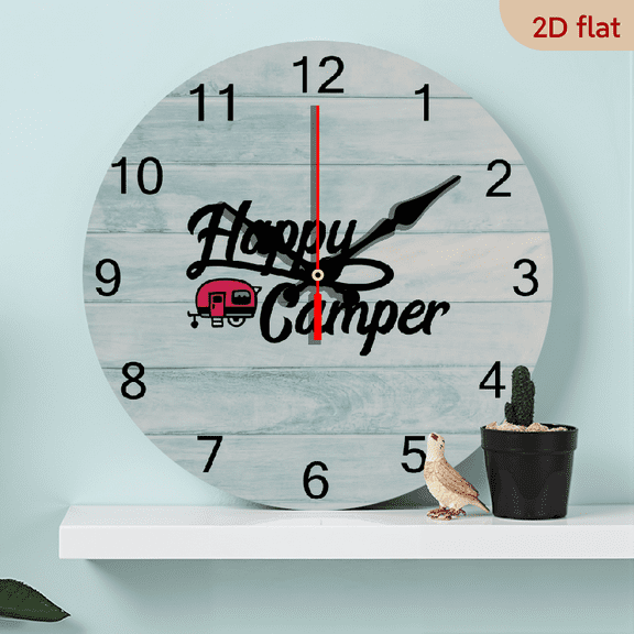 Wllo0ord 2D Flat 1pc 10Inch Wooden Happy Camper Wall Clock Blue Vintage Wood Clock 10 Inch Silent Non-Ticking Wooden Wall Clocks Battery Operated Living Room Bedroom Kitchen Farmhouse Decor