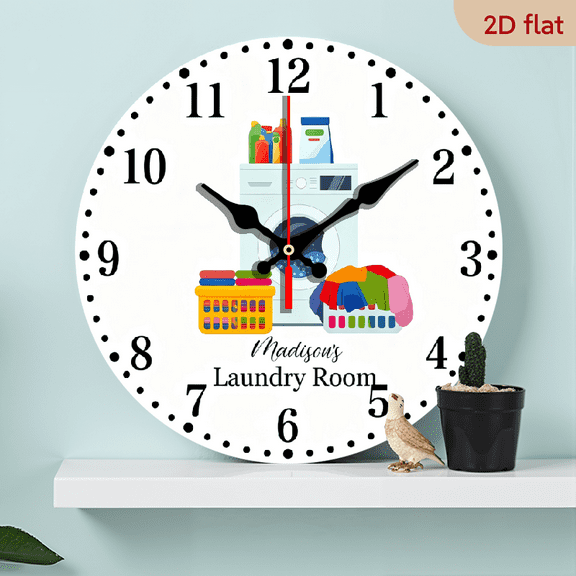 Wllo0ord 2D Flat 1pc 10Inch Wooden Laundry Room Decor, Personalized Name Laundry Room Wall Clocks Decorative Silent Non Ticking Rustic Wooden Clock Battery Operated Home Wall Art Decor